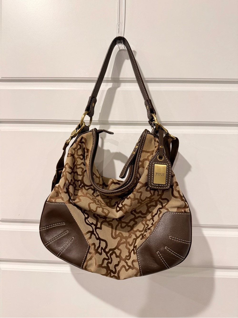 RARE Vintage TOUS Signature Hobo Bag Jacquard Canvas Y2K Shoulder Purse Leather